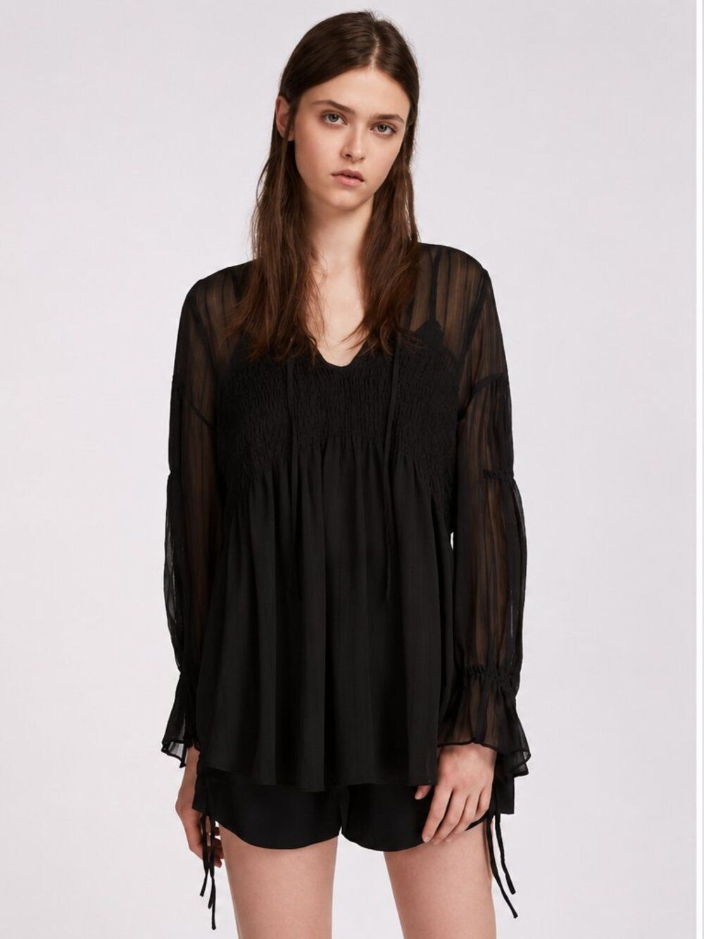 ALLSAINTS Lucinda Sheer V Neck Top Black Size XS